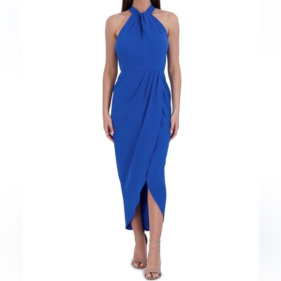 Julia Jordan Knot Neck Tulip Hem Midi Halter Keyhole Mock Cobalt Blue Women 14 - Picture 1 of 12